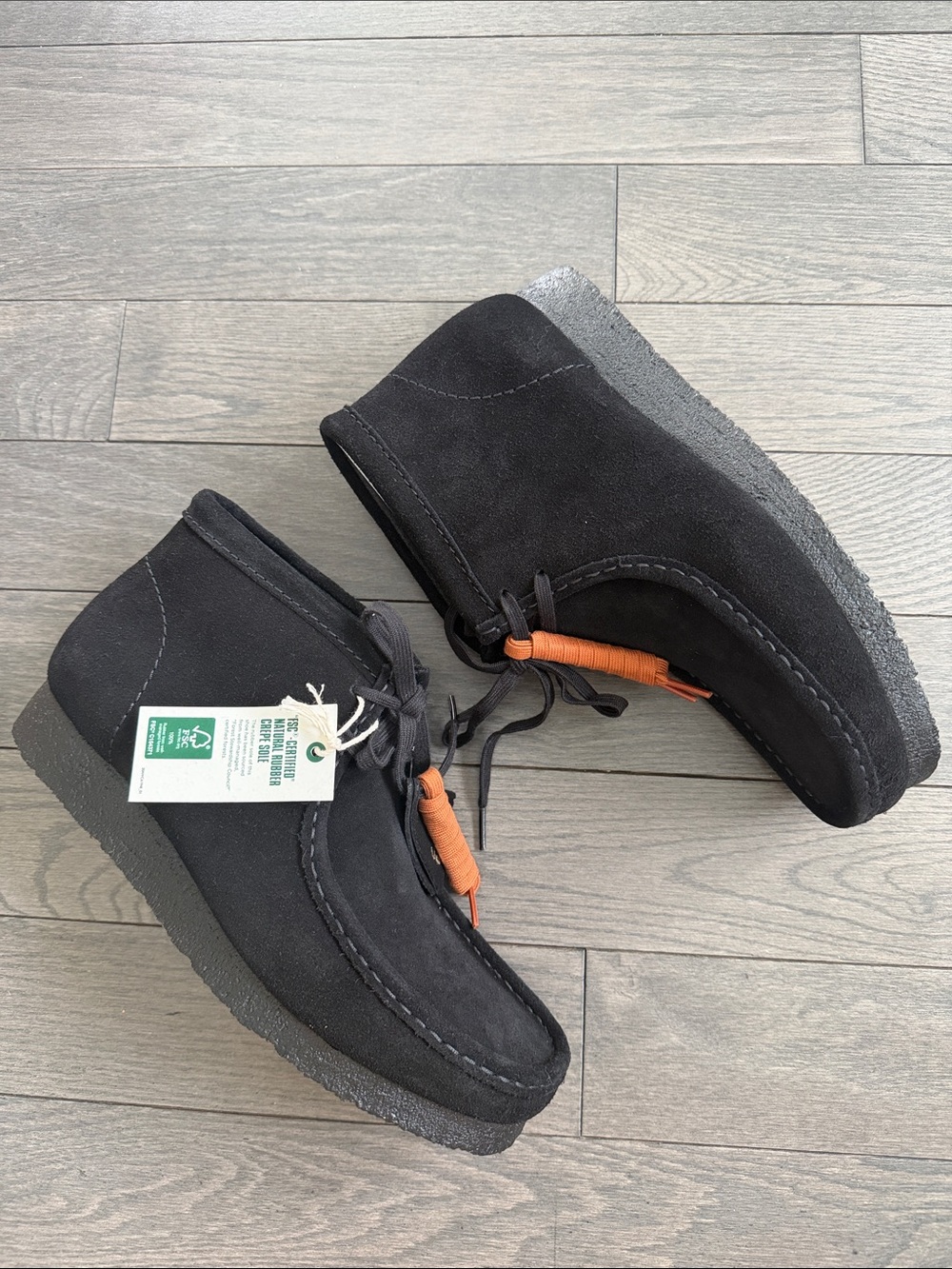 Clarks Black Suede Chukka Boots with Orange Lace Accent - Men